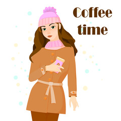 young girl with brown hair in a coat and a pink hat, holding a cup of coffee, time for coffee, lunch break, vector illustration, concept art of walking in cold weather