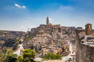 Matera, Basilicata, Italy - Panoramic view of the Civita and the Sasso Barisano. The ancient houses of stone and brick, carved into the rock. The Sassi of Matera.