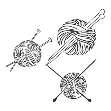 Yarn balls with needles. Doodle style . yarn and knitting needles vector sketch illustration