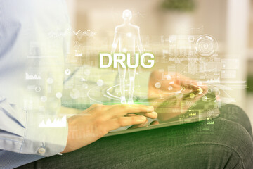 Electronic medical record with DRUG inscription, Medical technology concept