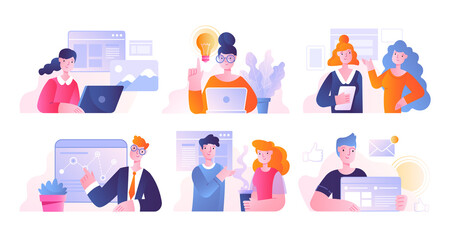 Set of six different business scenes showing people working at computers, presentations, meetings and analysis of data, brainstorming, talking to each other, colored vector illustration