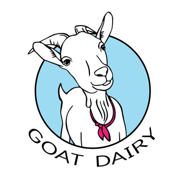 Vector sketch of a goat in blue circle on white background. Hand drawn outline illustration. Isolated image. Can be used as logo or icon for dairy store, farm, dairy shop.