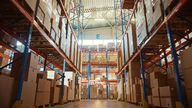 Large Retail Warehouse full of Shelves with Goods in Cardboard Boxes and Packages. Logistics, Sorting and Distribution Facility for Product Delivery. Low Moving Forward Between Rows of Shelves Camera