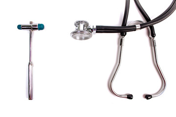 stethoscope, neurological malleus, medical instrument on white background
