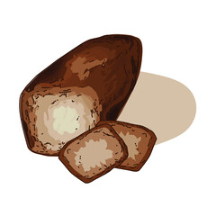 Russian black bread with slices in isolated vector illustrations