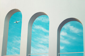Urban Development. Commercial plane flying through the sky, crossing the facade of a building.