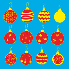 Set of Christmas balls with ornaments, vector illustration, hand drawing, red and yellow color, blue background