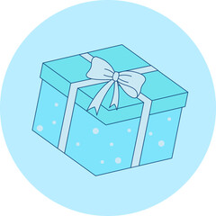 Present box with bow and ribbons for mobile and web design. Decorative box with beautiful paper and bow. Blue parcel for gifts shop or studio. Gift box icon in a circle. Vector illustration for gifts