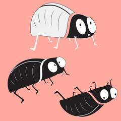 Set of bugs animal cartoon character isolated on pastel background. Cute insects. Black white beetles kid with eyes, feelers, wings. Crawling bugs. For children book, textile, fabric. Vector clipart.