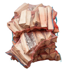 Birch firewood in a net for sale. Isolate on white background