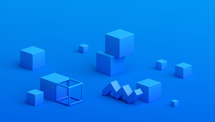Abstract 3d render, geometric composition, blue background design with cubes
