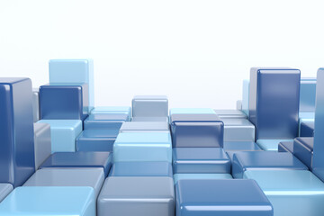 Abstract 3d render, geometric composition, background design with blue cubes