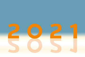 2021 text in tangerine color reflected on white and delphinium blue background,vector illustration