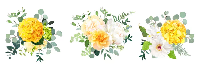 Keuken spatwand met foto Yellow hydrangea, mustard rose, peony, white iris, orchid, spring garden flowers © lavendertime