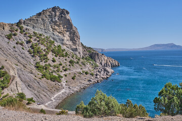 Golitsyn trail off coast of Blue Bay. Mountain trail cut on slope of Mount Koba-Kaya. Tourist route near Novy Svet, Crimea
