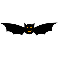 Halloween black flying bat with yellow eyes isolated on white. Bat silhouette on white background for logo, postcards, tattoo, stickers, costumes design. Vector illustration. Halloween decorations
