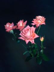 Naklejka na ściany i meble Pink roses in dew drops on black background