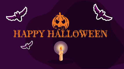 stylized poster design for Halloween. Image of a candle lighting up pumpkins and bats on a dark purple background . Perfect for postcards, flyers, invitations, banners. EPS10