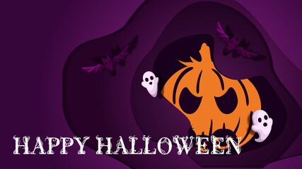 stylized poster design for Halloween. Image of pumpkin bats and ghosts on a dark purple background . Perfect for postcards, flyers, invitations, banners. EPS10
