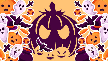Obraz premium stylized poster design for Halloween. Image of sweets, bats, ghosts and other magical attributes on an orange background . Perfect for postcards, flyers, invitations, banners. EPS10 