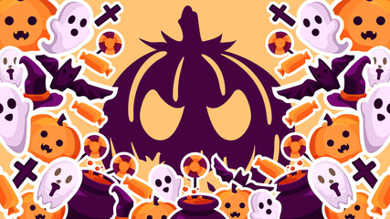 stylized poster design for Halloween. Image of sweets, bats, ghosts and other magical attributes on an orange background . Perfect for postcards, flyers, invitations, banners. EPS10
