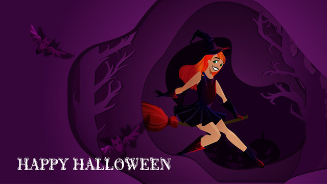 stylized poster design for Halloween. Image of a cute mischievous witch  and ghosts on a dark purple background . Perfect for postcards, flyers, invitations, banners. EPS10