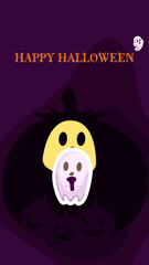 stylized poster design for Halloween. Image of cute stylized ghosts on a dark purple background with a pumpkin silhouette. Perfect for postcards, flyers, invitations, banners. EPS10
