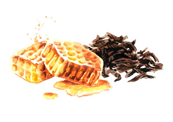 Heap of dry tea leaves and honey. Hand drawn watercolor illustration isolated on white background