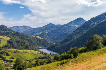 Fototapeta premium Landscape view of the river Beli Rzav , and Spajici lake from the height in Tara national park in Serbia