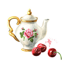 Teapot and Cherry. Hand drawn watercolor illustration isolated on white background