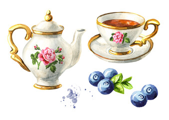 Teapot, cup of tea and Blueberry set. Hand drawn watercolor illustration isolated on white background