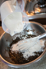 Vegan cake. Coconut flour, crushed almonds, chia gel and brown sugar