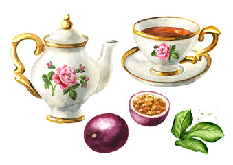 Teapot, cup of tea and passion fruit maracuya set. Hand drawn watercolor illustration isolated on white background