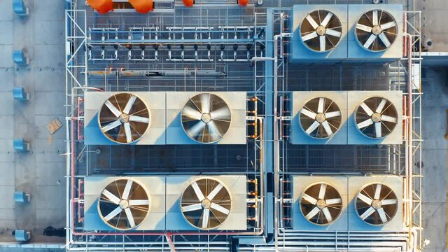 Aerial top down view of the ventilation and air conditioning systems installed on the rooftop