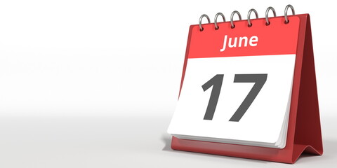 June 17 date on the flip calendar page, 3d rendering