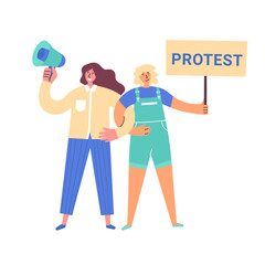 Two women different nationalities holding banner and loudspeaker. Protesting for rights, freedom, independence, equality. Girls taking part in parade or rally. Girl empowerment concept for poster, web