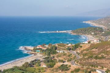 Views from above to Mesakti and Livadi beaches in ikaria, greece