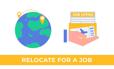 Relocate for work. Hand holding job offer and ticket for moving to another country. Globe with relocation pin.  Human resources agency for migrants. Global employee exchange.  Expatriate program.
