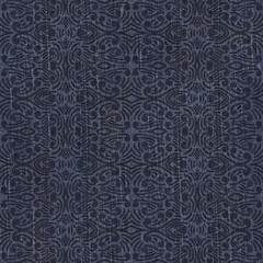Seamless patterned denim jean for repeat print. High quality illustration. Grungy trendy street wear design. Real detailed denim texture with damask pattern overlay. Navy blue deep dark colors.