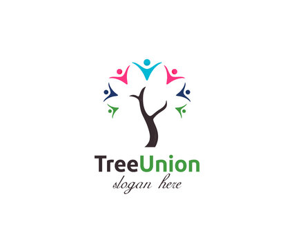 tree with people. vector logo icon teamwork and cooperation sign