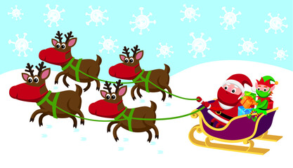 santa claus and elf wearing face masks in a sleigh pulled by reindeers wearing face masks