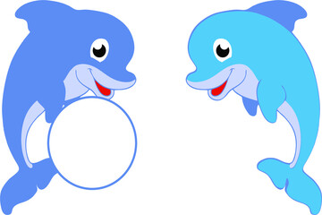 Cute blue dolphin.  Vector illustration for swimming pool brochure or banner. Isolated on white background in cartoon style. monogram