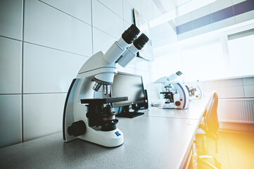 Cytological examination in the laboratory. Close - up of Microscopes in Laboratory, Selective Focus