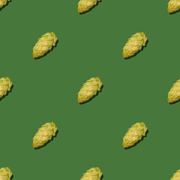 hop cones on a green background seamless pattern