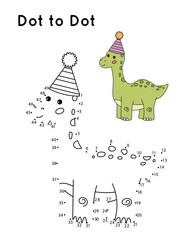 Dot to dot game for preschool children. Cute cartoon dinosaur with birthday hat. Learning numbers. Coloring page.