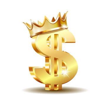 Golden dollar symbol with two vertical lines with golden crown