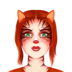 illustration of a portrait of a cat woman. mythical creature or carnival costume with makeup. Textured drawing