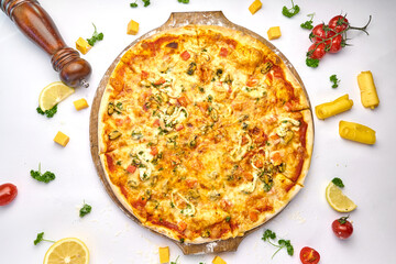Seafood Italian pizza with mussels, prawn, mozzarella cheese and mushrooms
