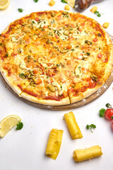 Seafood Italian pizza with mussels, prawn, mozzarella cheese and mushrooms
