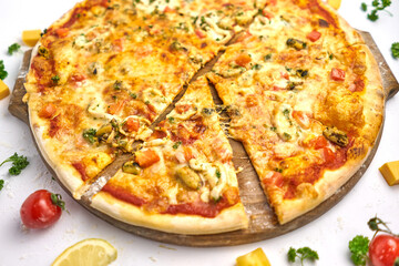 Seafood Italian pizza with mussels, prawn, mozzarella cheese and mushrooms
